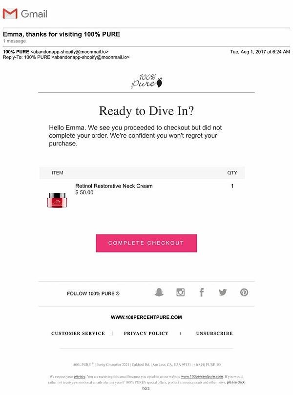 abandoned cart email from 100% pure