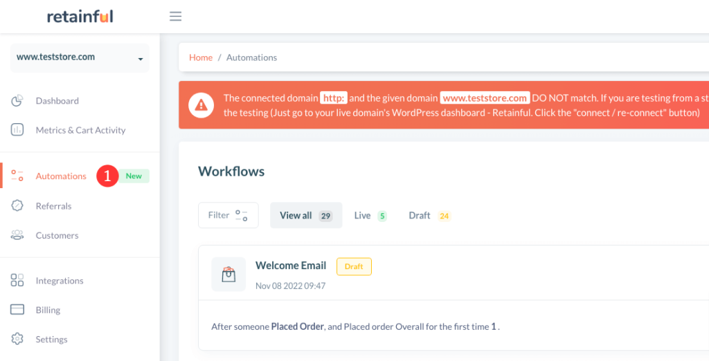 Retainful dashboard on automation