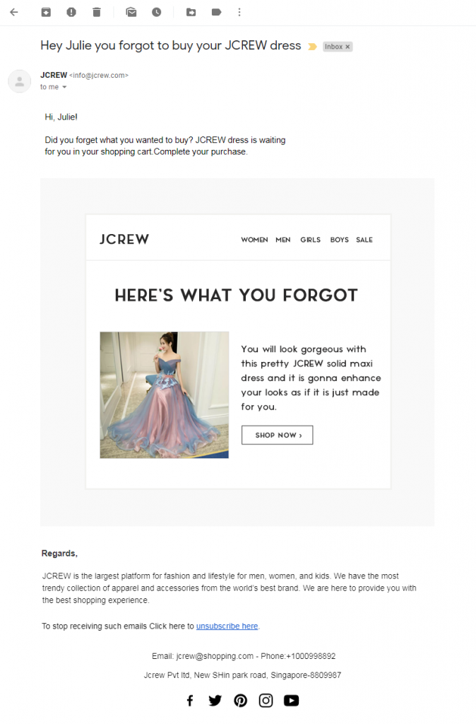 Jcrew 1st abandoned cart email template
