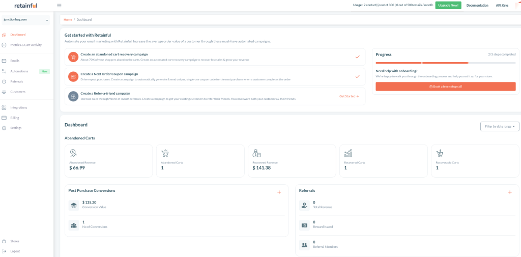 retainful redirect to dashboard