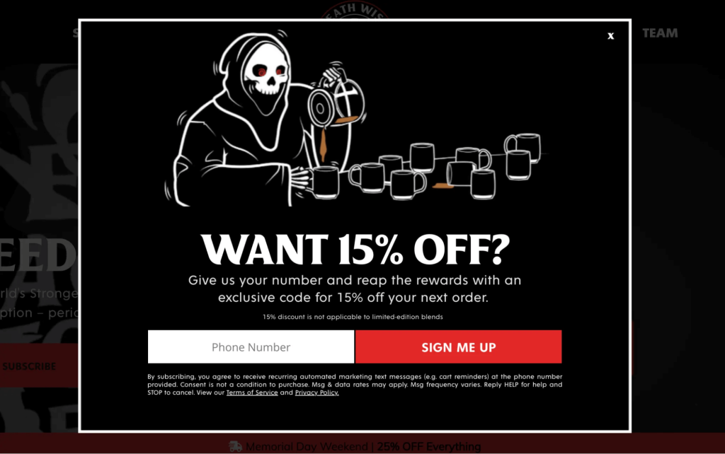 Sign-up exit intent popup example