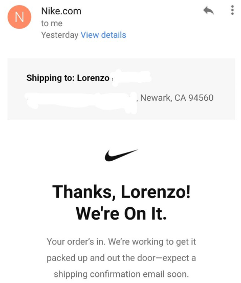 Nike Thank you email
