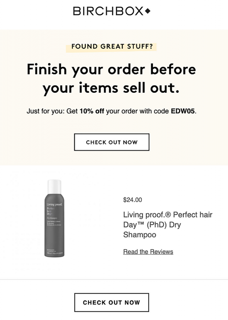 Birchbox abandoned cart email