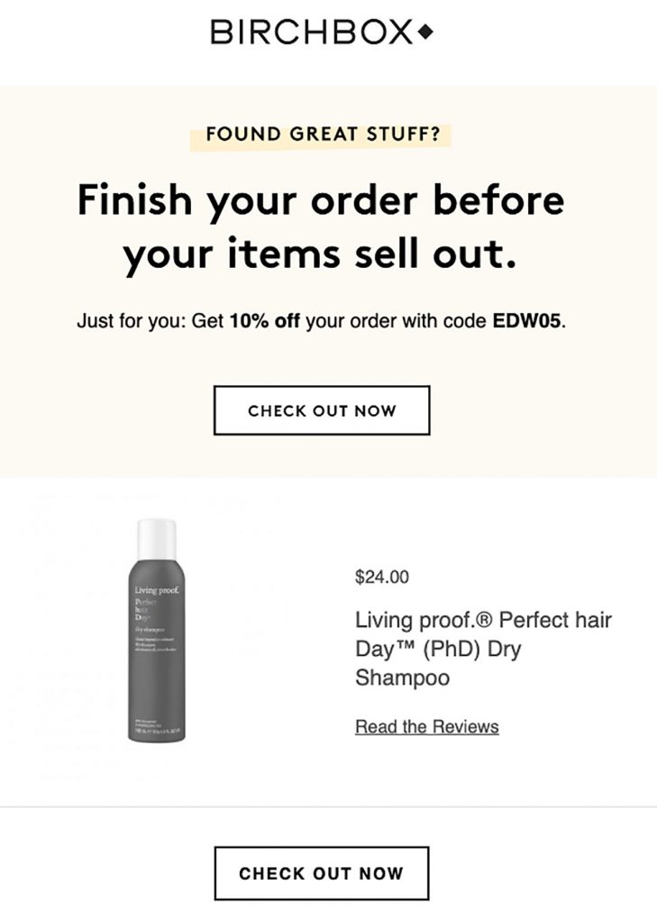 Birchbox abandoned cart email incentive