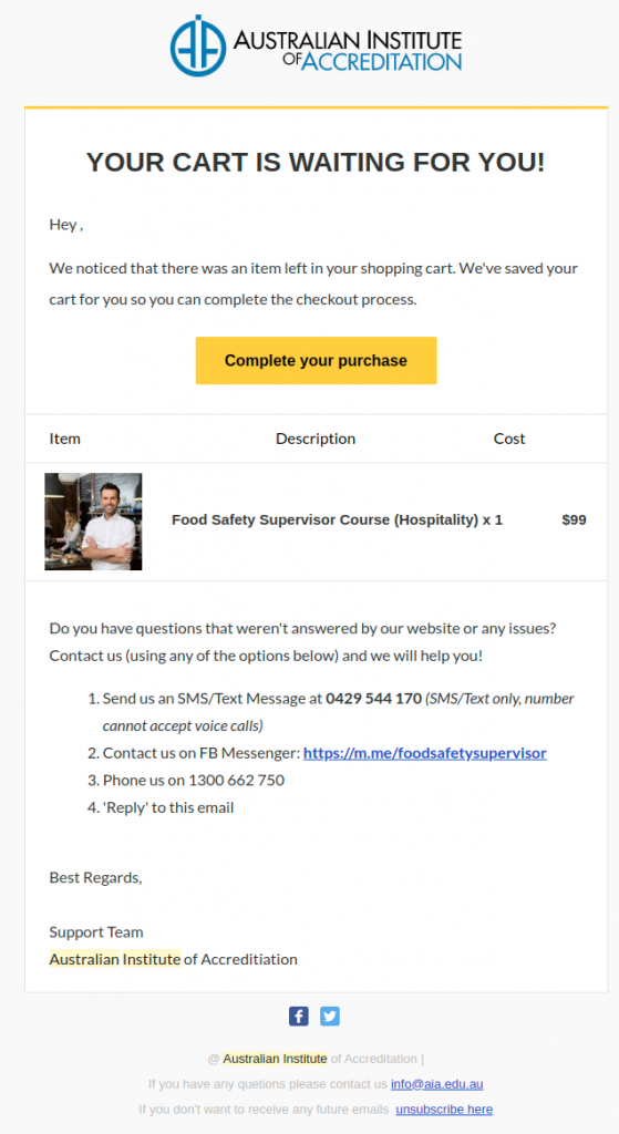 Abandoned cart email social share button
