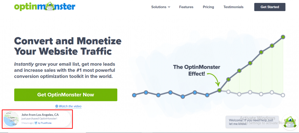 Optinmonster sales notificatoin