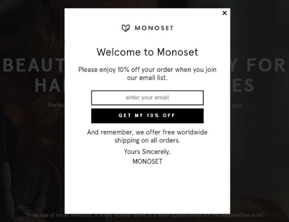 Monoset Welcome popup