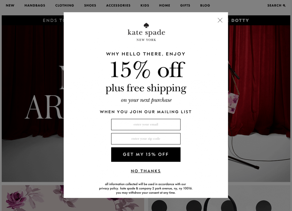 Kate spade free shipping popup