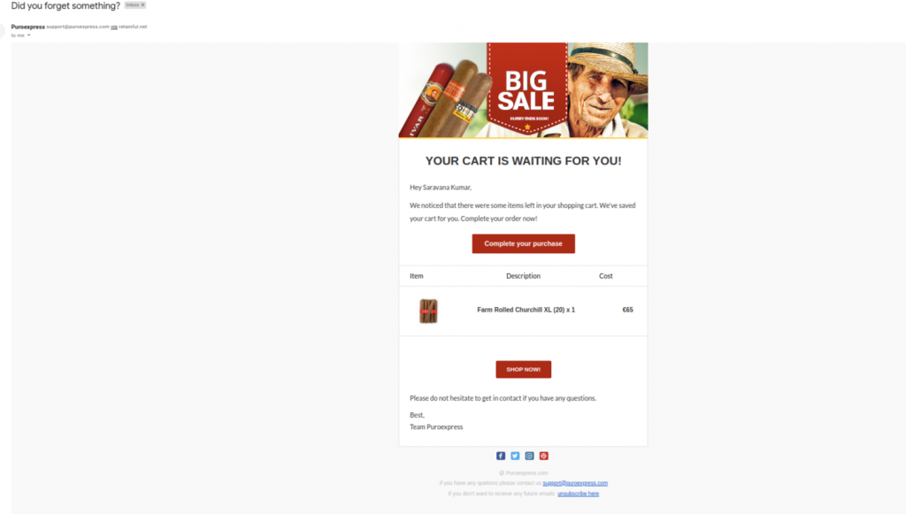 Abandoned cart email example