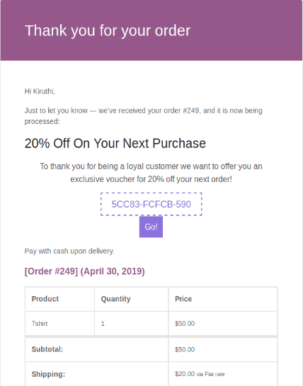 Next order coupon email