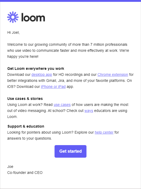 Loom Welcome email
