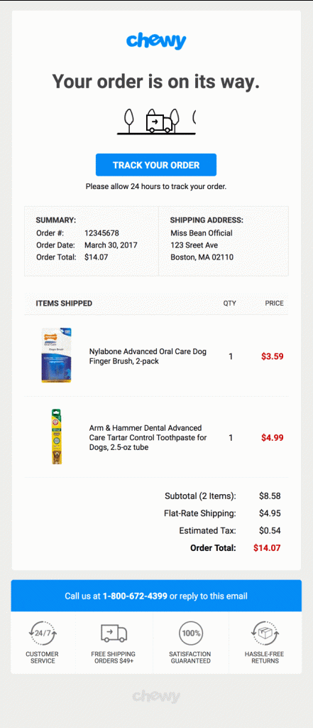 Chewey confirming an order via email