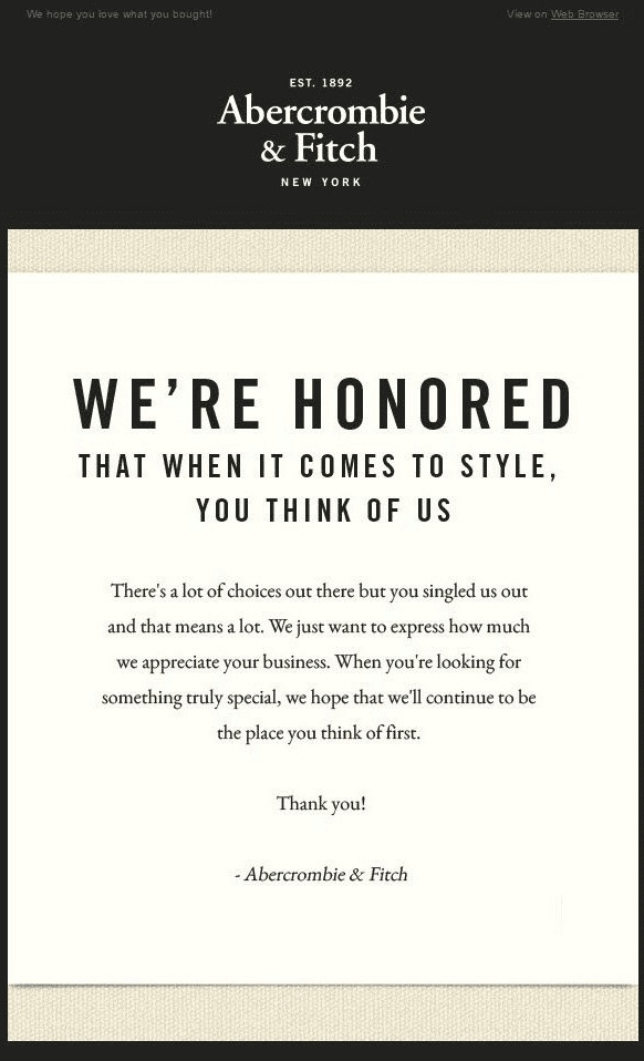 Abercrombie & Fitch thanking customers for their purchase via email