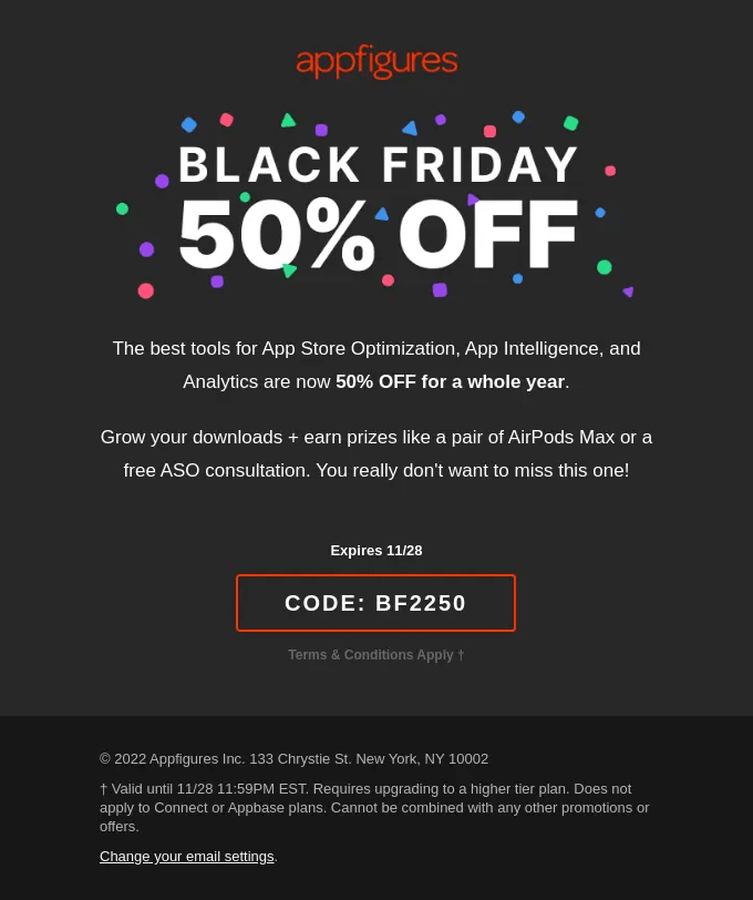 Appfigures Black Friday email template with coupon code and expiration date