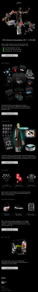 Black Friday email template from GOAT showcasing prize giveaways, trivia games, and exclusive drops