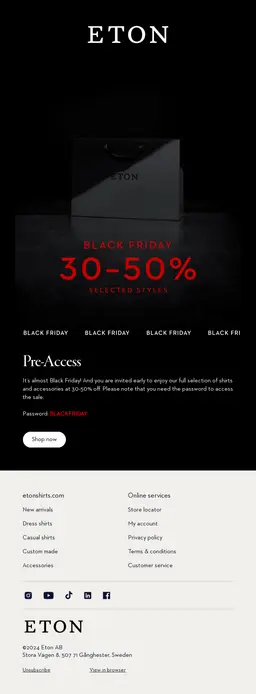 ETON Black Friday email template for pre-access sale with password-protected exclusive deals