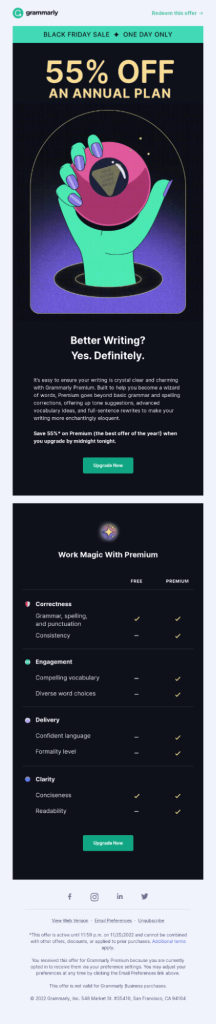 Grammarly Black Friday email with 55% off annual plan