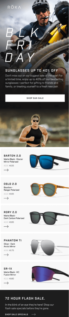 ROKA Black Friday email template with “40% OFF” and “72-hour flash sale"