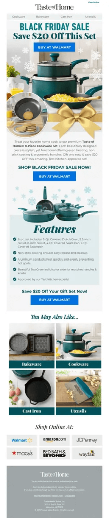 Taste of Home Black Friday email template promoting cookware sale as a holiday gift set