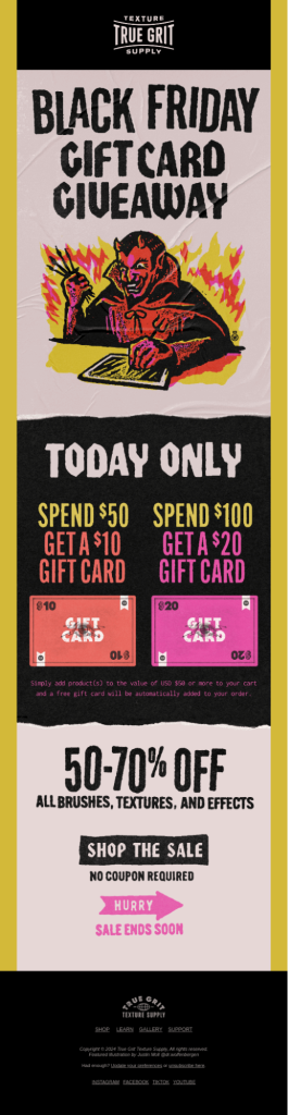 True Grit Texture Supply -Black Friday gift card giveaway email example