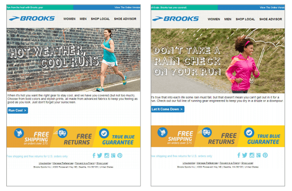 Location-based personalized emails from Brooks with different hero images