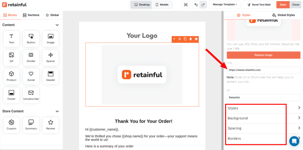 Styles option in email editor