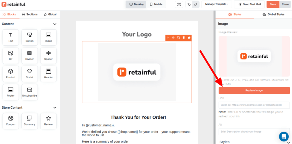 Uploaded image in email editor