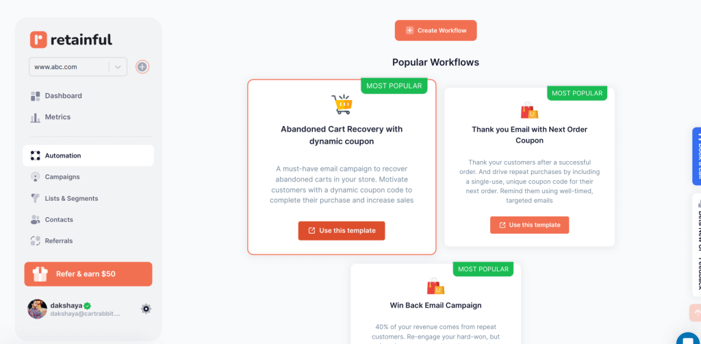 Creating abandoned cart email workflow in Retainful