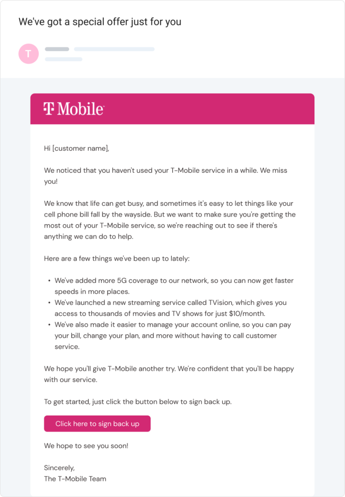 Win back email T-mobile