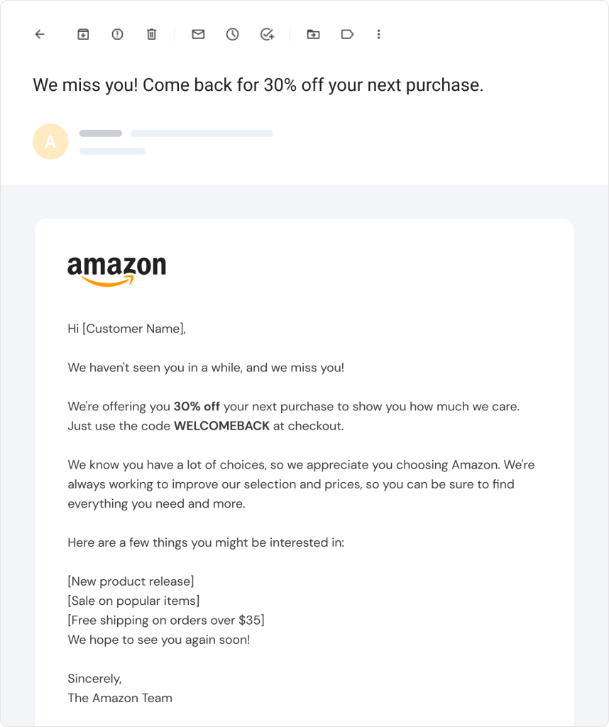 Win back email amazon