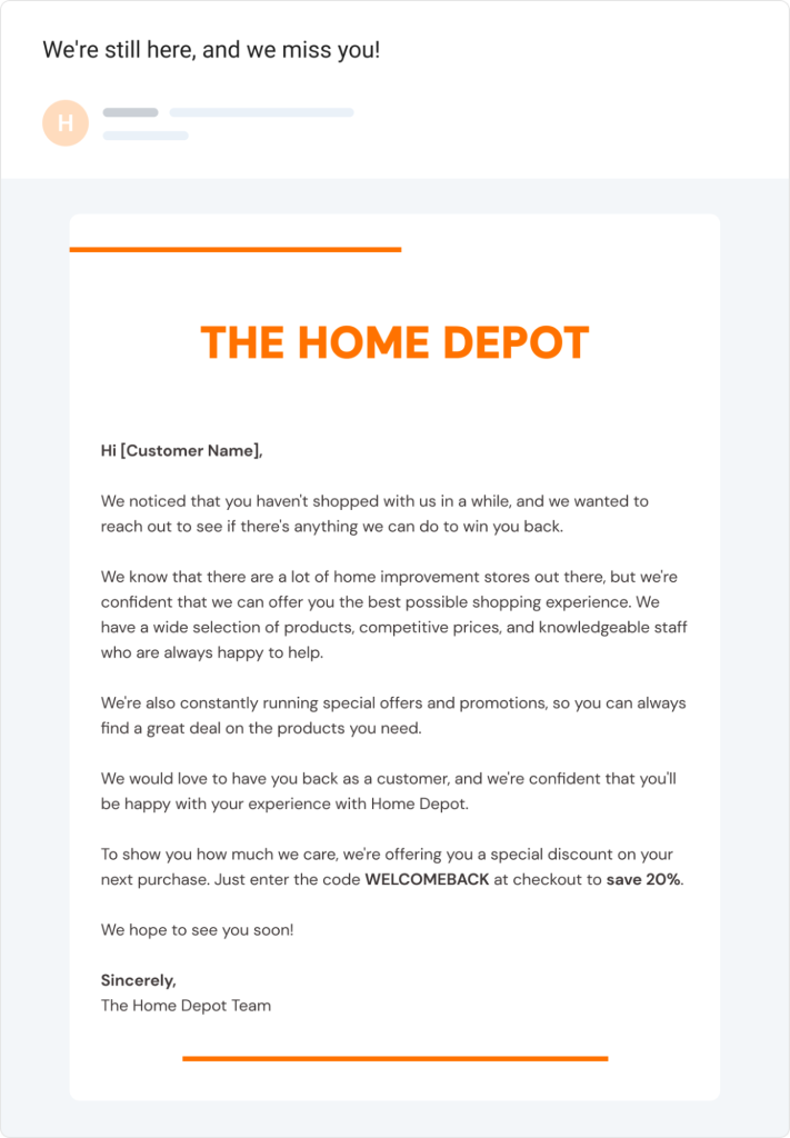 Win back email home depot