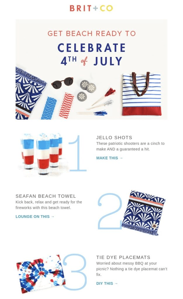 4th of July themed product collection email from Brit+co