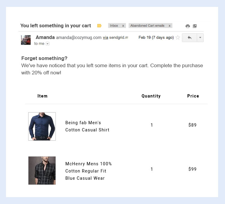 A classic subject line example for abandoned cart emails
