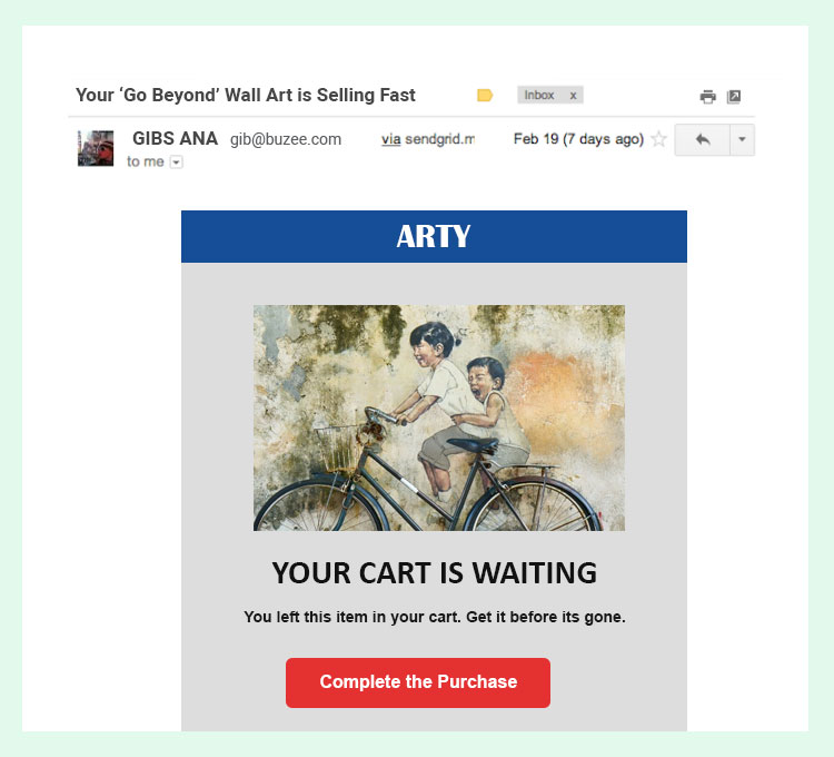 Arty creating sense of urgency in abandoned cart email subject line example