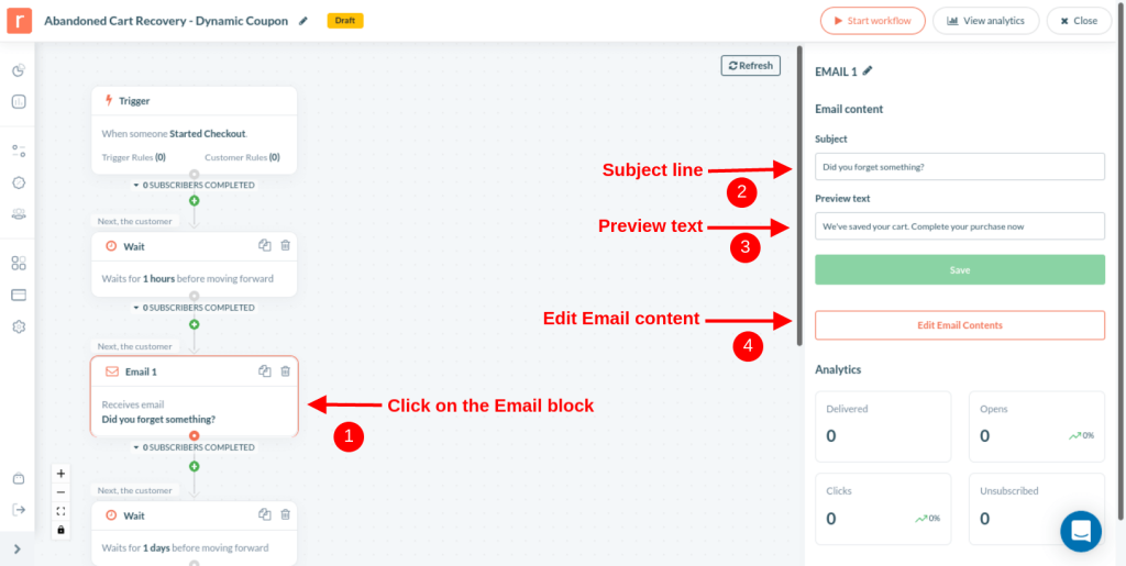 Editing email content in the Retainful plugin