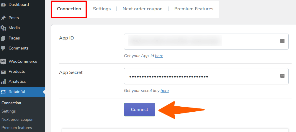 Entering the App ID and secret key in the Retainful plugin.