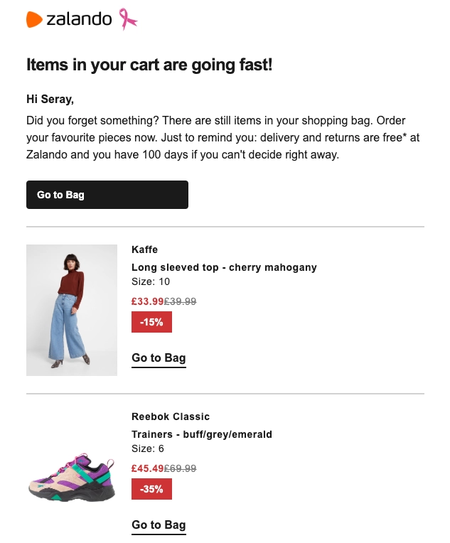 Zalando FOMO subject line example for abandoned cart email