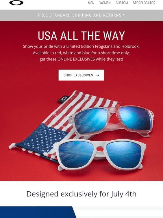 Free Shipping email from Oakley Sunglasses for the 4th of July email campaign