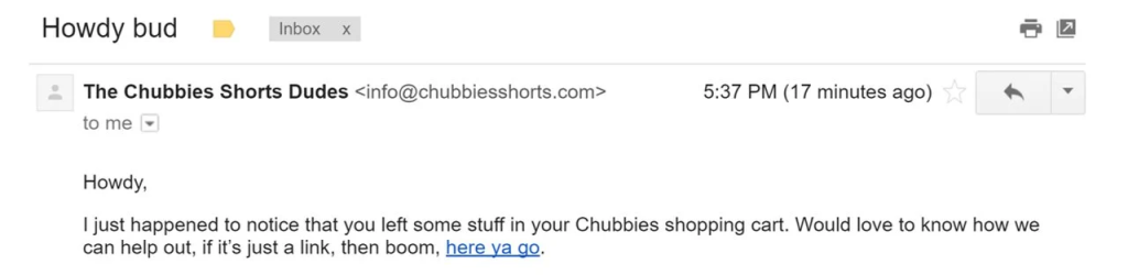 Friendly subject line example from Chubbies Shorts
