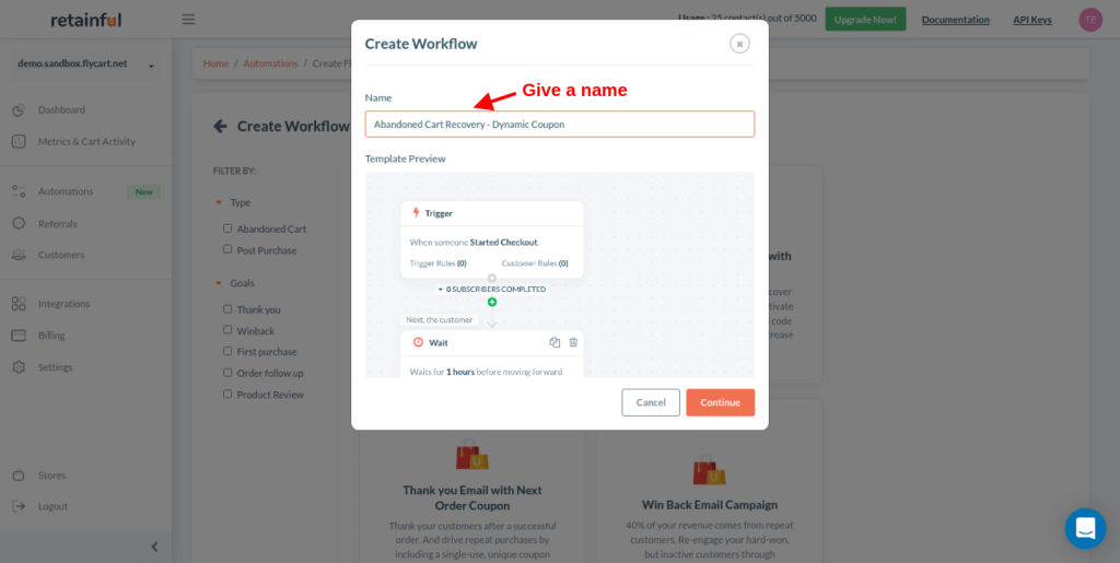 Giving a name to the workflow in the Retainful plugin