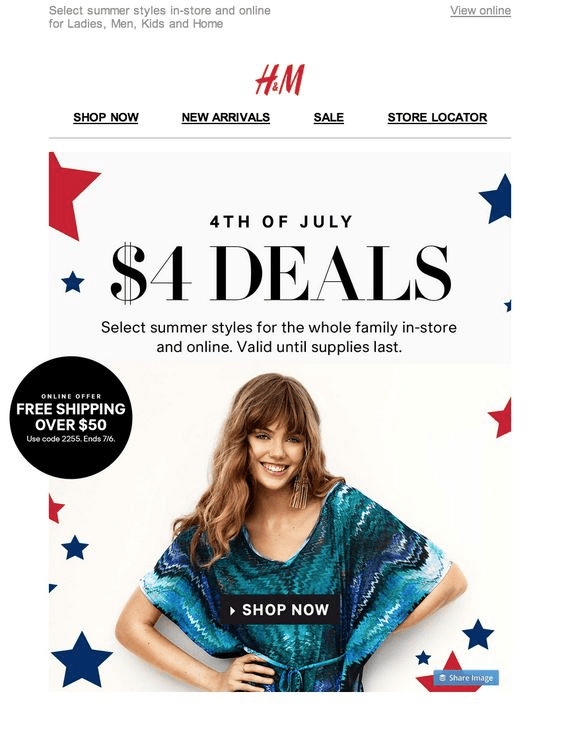 Independence Day exclusive offer email from H&M