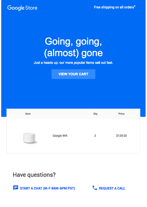 FOMO abandoned cart email example