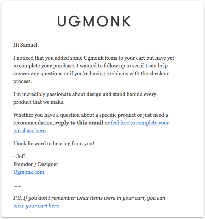 Personalized abandoned cart email example