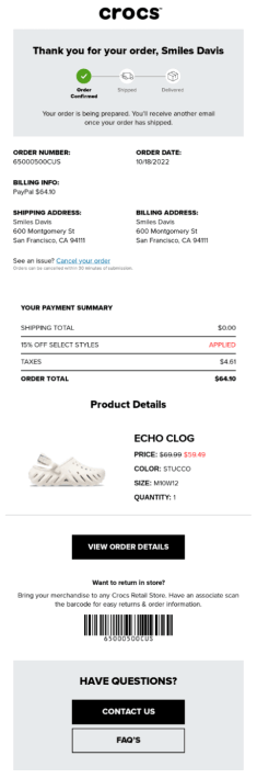 Crocs Order Confirmation Follow up Emails