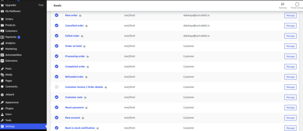 WooCommerce order email list in the default settings