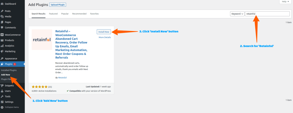 Wordpress dashboard to install WooCommerce email customizer plugin