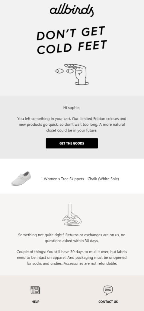 return policy abandoned cart recovery email example by Allbirds