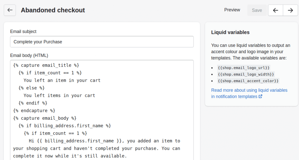 Customizing abandoned cart email in Shopify