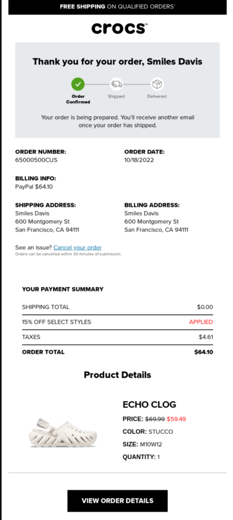 Order confirmation post-purchase email template