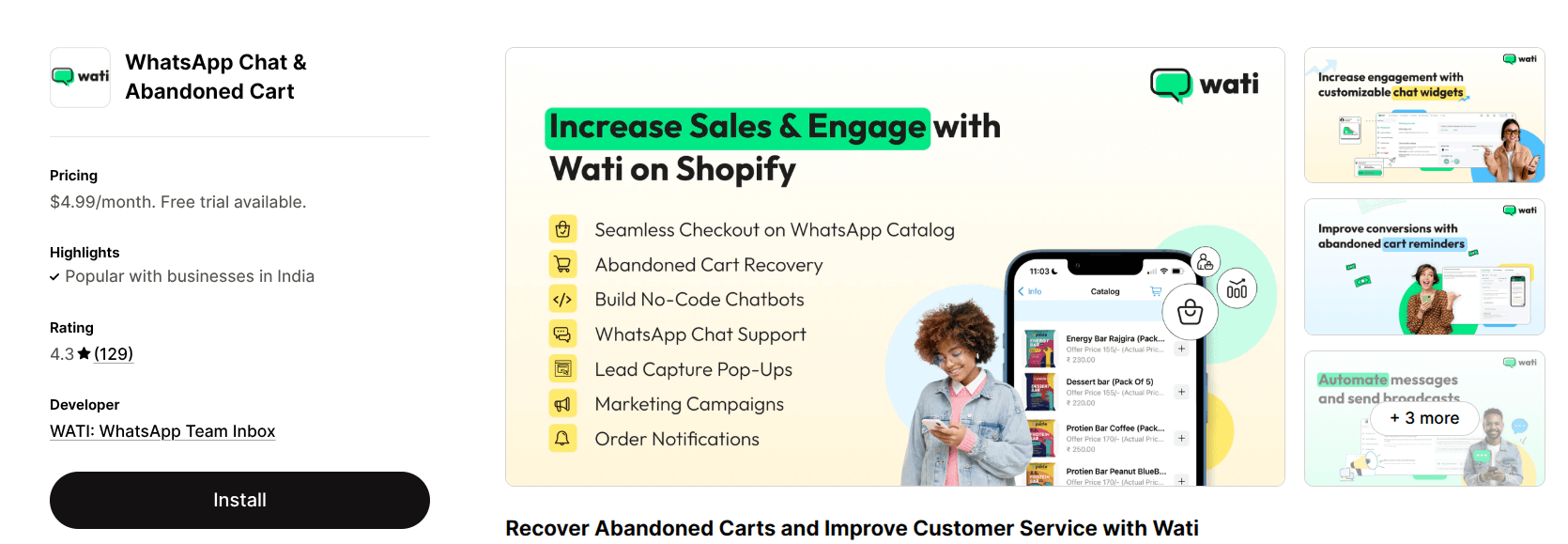 Wati Shopify abandoned cart app for WhatsApp